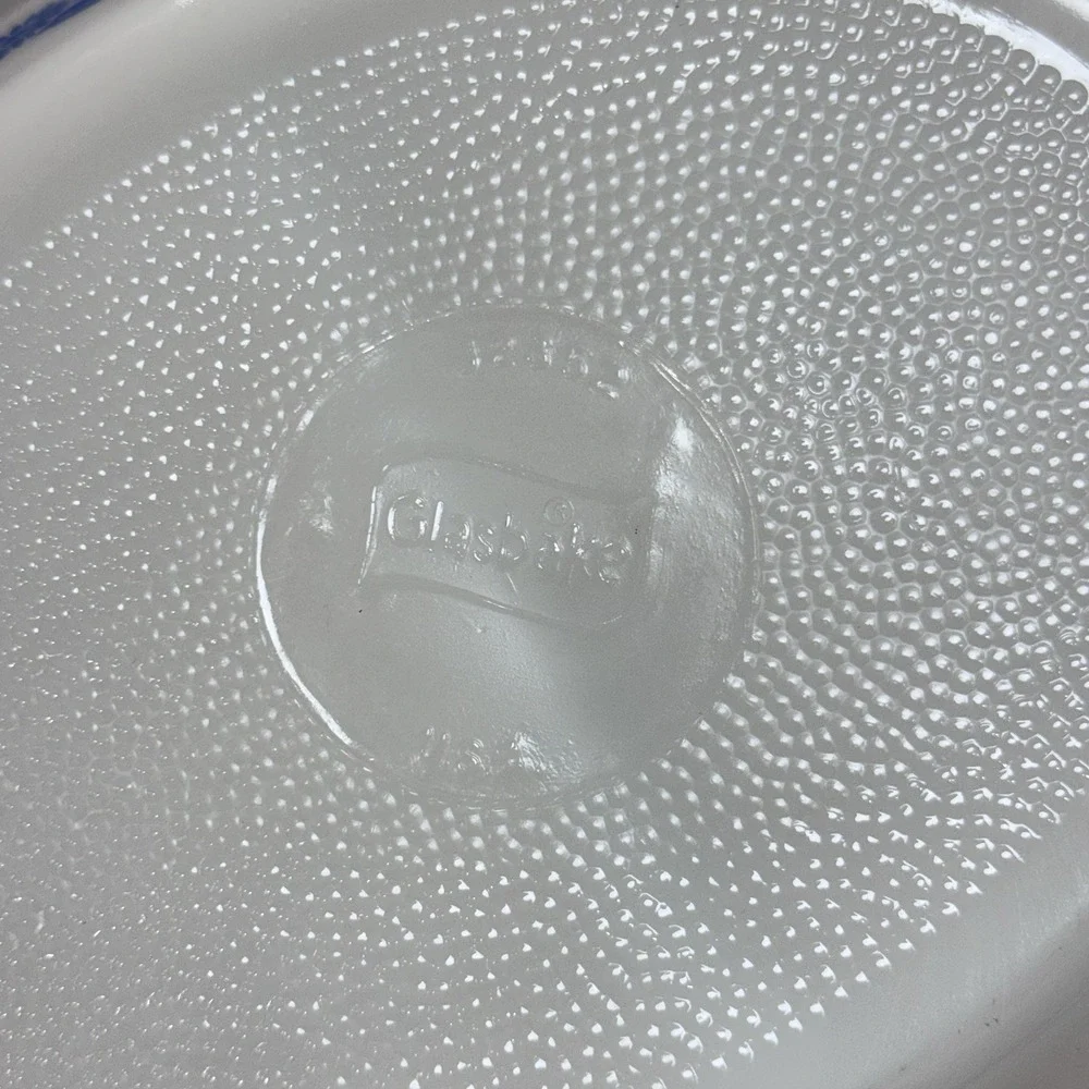 Vintage Glasbake Milk Glass Dish‎ w Blue Flower & Corning Ware Silver Stand